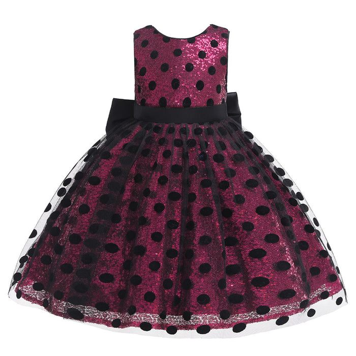 Girls' Sophisticated Polka Dot Sequins Bow V-Back Sleeveless Knee-Length Dress