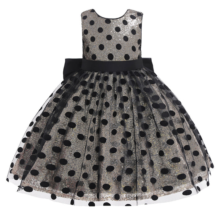 Girls' Sophisticated Polka Dot Sequins Bow V-Back Sleeveless Knee-Length Dress